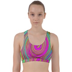 Groovy Abstract Pink, Turquoise And Yellow Swirl Back Weave Sports Bra by myrubiogarden