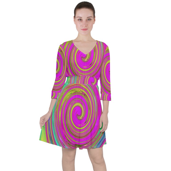 Groovy Abstract Pink, Turquoise And Yellow Swirl Ruffle Dress