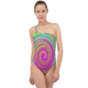 Groovy Abstract Pink, Turquoise And Yellow Swirl Classic One Shoulder Swimsuit View1