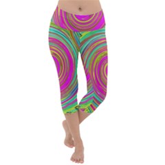 Groovy Abstract Pink, Turquoise And Yellow Swirl Lightweight Velour Capri Yoga Leggings by myrubiogarden