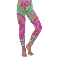 Groovy Abstract Pink, Turquoise And Yellow Swirl Kids  Lightweight Velour Classic Yoga Leggings