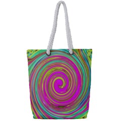 Groovy Abstract Pink, Turquoise And Yellow Swirl Full Print Rope Handle Tote (small) by myrubiogarden