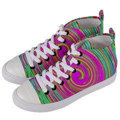 Groovy Abstract Pink, Turquoise And Yellow Swirl Women s Mid-top Canvas Sneakers by myrubiogarden