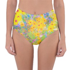 Pretty Yellow And Red Flowers With Turquoise Reversible High-waist Bikini Bottoms by myrubiogarden