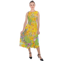 Pretty Yellow And Red Flowers With Turquoise Midi Tie-back Chiffon Dress by myrubiogarden