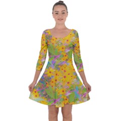 Pretty Yellow And Red Flowers With Turquoise Quarter Sleeve Skater Dress by myrubiogarden