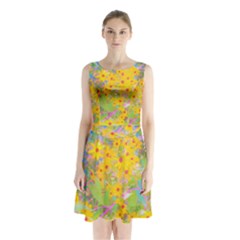 Pretty Yellow And Red Flowers With Turquoise Sleeveless Waist Tie Chiffon Dress by myrubiogarden