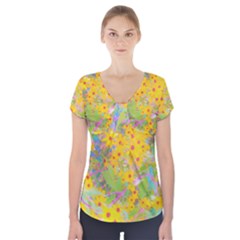 Pretty Yellow And Red Flowers With Turquoise Short Sleeve Front Detail Top by myrubiogarden