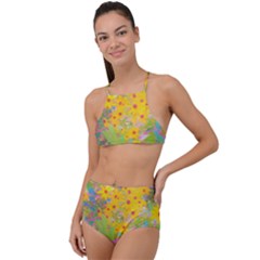 Pretty Yellow And Red Flowers With Turquoise High Waist Tankini Set by myrubiogarden