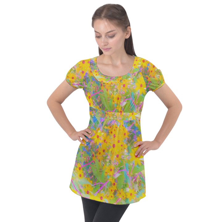 Pretty Yellow And Red Flowers With Turquoise Puff Sleeve Tunic Top