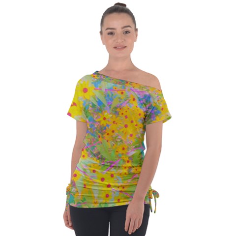 Pretty Yellow And Red Flowers With Turquoise Tie-up Tee by myrubiogarden