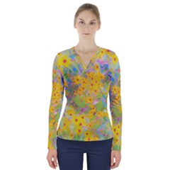 Pretty Yellow And Red Flowers With Turquoise V-neck Long Sleeve Top by myrubiogarden