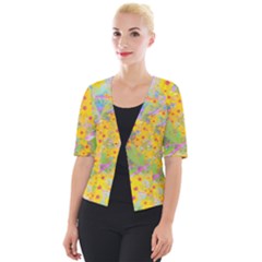 Pretty Yellow And Red Flowers With Turquoise Cropped Button Cardigan by myrubiogarden