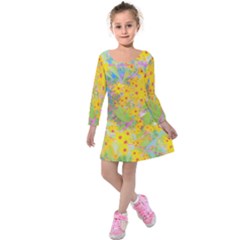 Pretty Yellow And Red Flowers With Turquoise Kids  Long Sleeve Velvet Dress by myrubiogarden