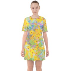 Pretty Yellow And Red Flowers With Turquoise Sixties Short Sleeve Mini Dress by myrubiogarden