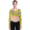 Pretty Yellow And Red Flowers With Turquoise Velvet Long Sleeve Crop Top View1