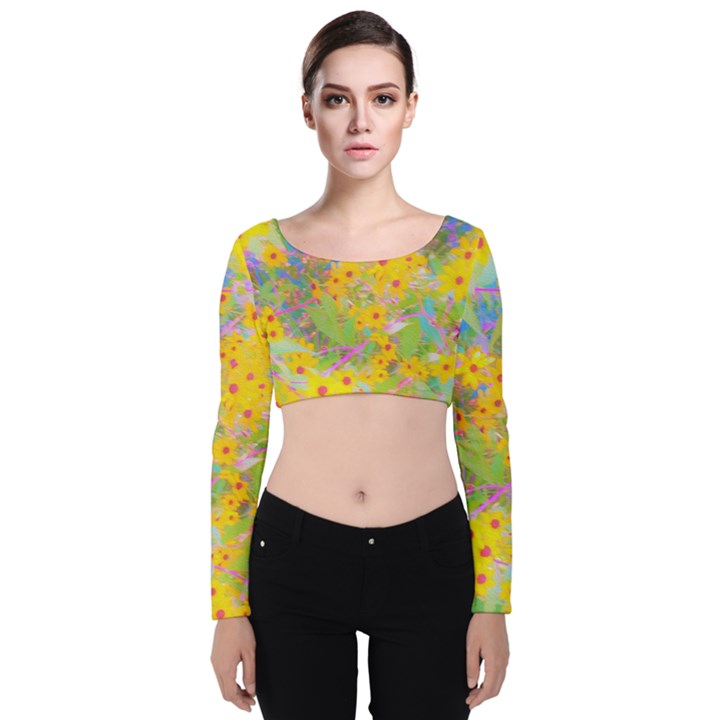 Pretty Yellow And Red Flowers With Turquoise Velvet Long Sleeve Crop Top