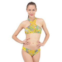 Pretty Yellow And Red Flowers With Turquoise High Neck Bikini Set by myrubiogarden