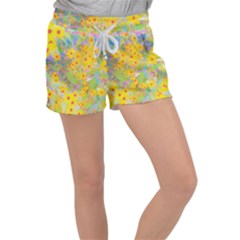 Pretty Yellow And Red Flowers With Turquoise Women s Velour Lounge Shorts by myrubiogarden