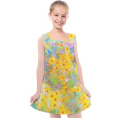 Pretty Yellow And Red Flowers With Turquoise Kids  Cross Back Dress by myrubiogarden