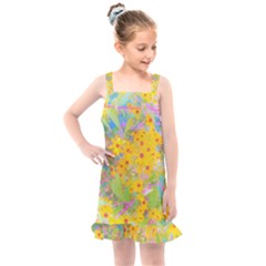 Pretty Yellow And Red Flowers With Turquoise Kids  Overall Dress by myrubiogarden