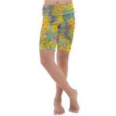 Pretty Yellow And Red Flowers With Turquoise Kids  Lightweight Velour Cropped Yoga Leggings