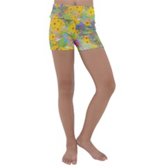 Pretty Yellow And Red Flowers With Turquoise Kids  Lightweight Velour Yoga Shorts by myrubiogarden