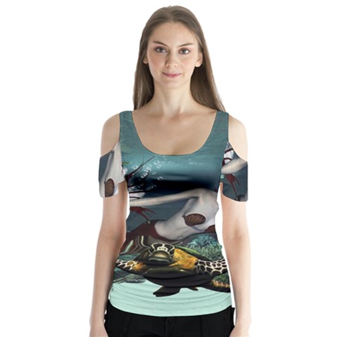 Wonderful Fmermaid With Turtle In The Deep Ocean Butterfly Sleeve Cutout Tee  by FantasyWorld7