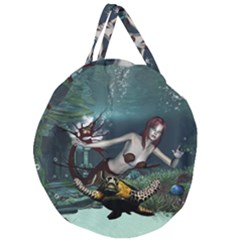 Wonderful Fmermaid With Turtle In The Deep Ocean Giant Round Zipper Tote by FantasyWorld7