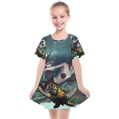 Wonderful Fmermaid With Turtle In The Deep Ocean Kids  Smock Dress by FantasyWorld7