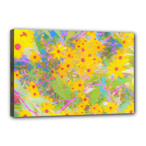 Pretty Yellow And Red Flowers With Turquoise Canvas 18  X 12  (stretched) by myrubiogarden