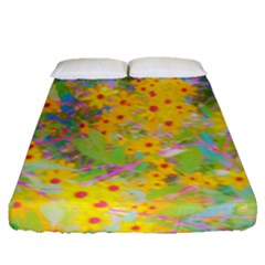 Pretty Yellow And Red Flowers With Turquoise Fitted Sheet (queen Size) by myrubiogarden