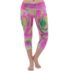 Lime Green And Pink Succulent Sedum Rosette Capri Yoga Leggings by myrubiogarden