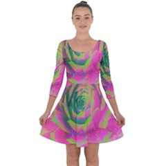 Lime Green And Pink Succulent Sedum Rosette Quarter Sleeve Skater Dress by myrubiogarden