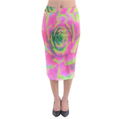 Lime Green And Pink Succulent Sedum Rosette Midi Pencil Skirt by myrubiogarden