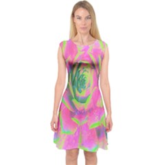 Lime Green And Pink Succulent Sedum Rosette Capsleeve Midi Dress by myrubiogarden