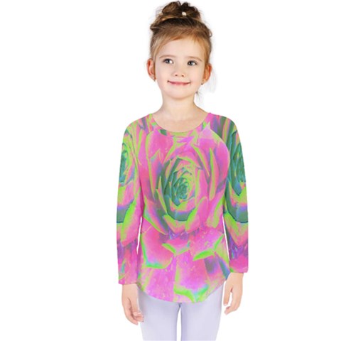 Lime Green And Pink Succulent Sedum Rosette Kids  Long Sleeve Tee by myrubiogarden