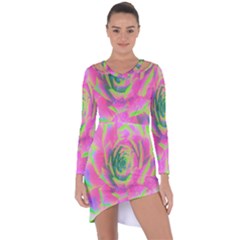 Lime Green And Pink Succulent Sedum Rosette Asymmetric Cut-out Shift Dress by myrubiogarden