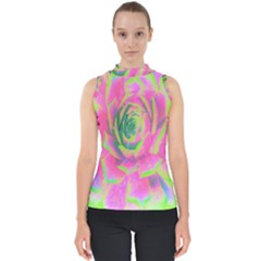 Lime Green And Pink Succulent Sedum Rosette Mock Neck Shell Top by myrubiogarden