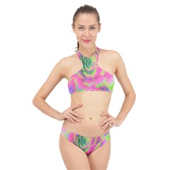 Lime Green And Pink Succulent Sedum Rosette High Neck Bikini Set by myrubiogarden