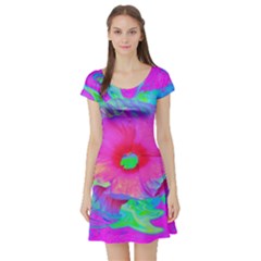 Psychedelic Pink And Red Hibiscus Flower Short Sleeve Skater Dress by myrubiogarden