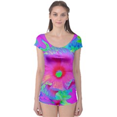 Psychedelic Pink And Red Hibiscus Flower Boyleg Leotard  by myrubiogarden