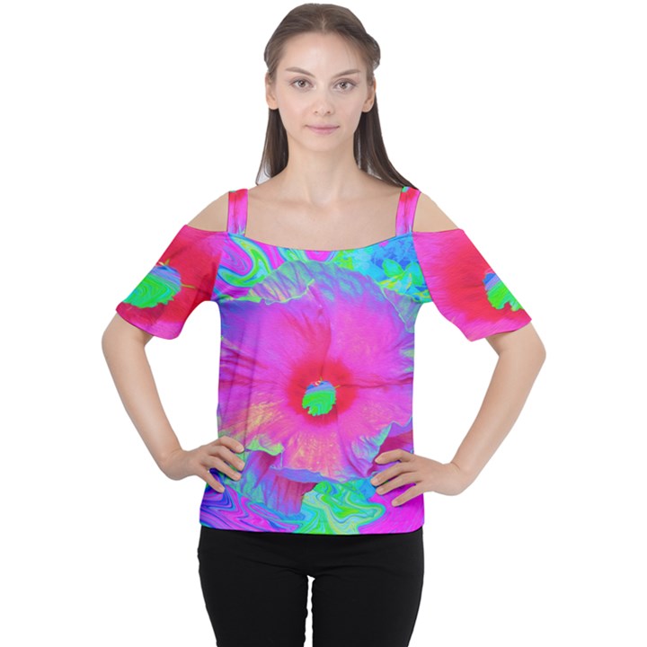 Psychedelic Pink And Red Hibiscus Flower Cutout Shoulder Tee