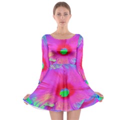 Psychedelic Pink And Red Hibiscus Flower Long Sleeve Skater Dress by myrubiogarden