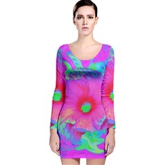 Psychedelic Pink And Red Hibiscus Flower Long Sleeve Velvet Bodycon Dress by myrubiogarden