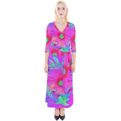 Psychedelic Pink And Red Hibiscus Flower Quarter Sleeve Wrap Maxi Dress by myrubiogarden