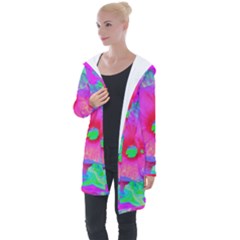 Psychedelic Pink And Red Hibiscus Flower Longline Hooded Cardigan