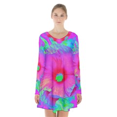 Psychedelic Pink And Red Hibiscus Flower Long Sleeve Velvet V-neck Dress by myrubiogarden