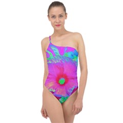 Psychedelic Pink And Red Hibiscus Flower Classic One Shoulder Swimsuit by myrubiogarden