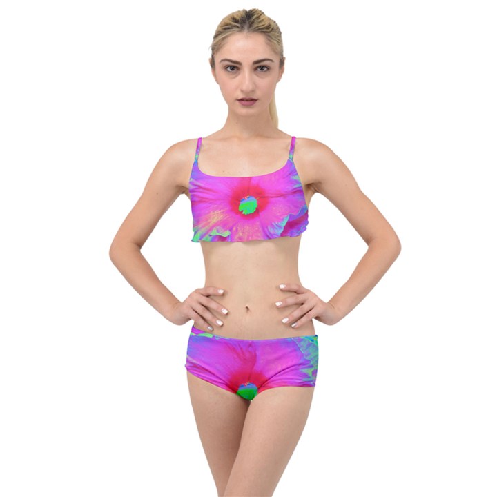 Psychedelic Pink And Red Hibiscus Flower Layered Top Bikini Set